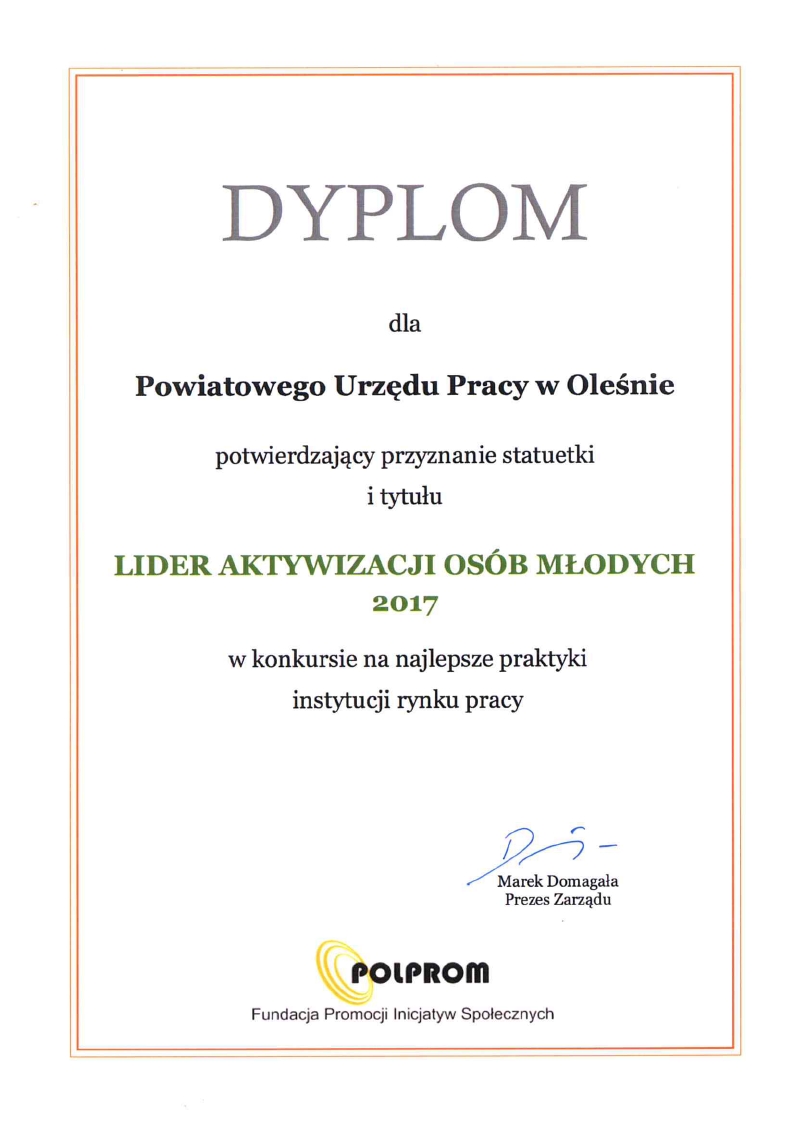 Dyplom potwierdzający przyznanie statuetki i tytułu Lidera Aktywizacji Osób Młodych za 2017 rok