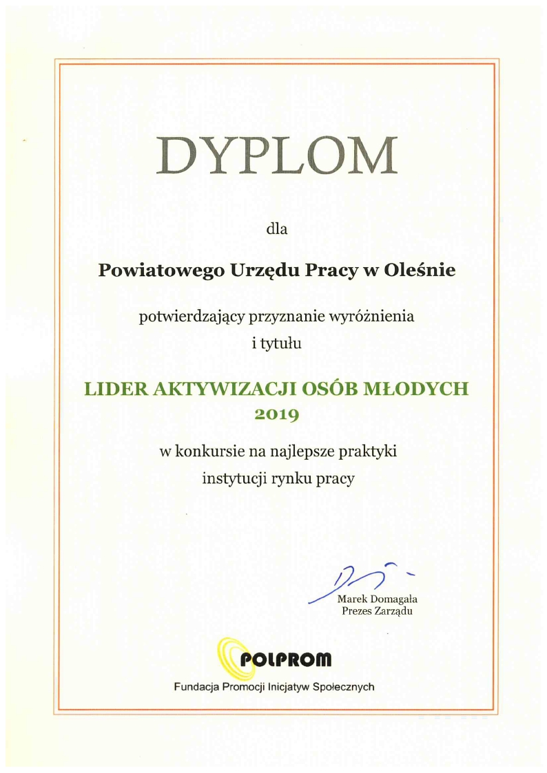 Dyplom potwierdzający przyznanie wyróżnienia i tytułu Lidera Aktywizacji Osób Młodych