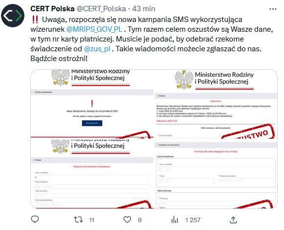 Uwaga, rozpoczęła się nowa kampania SMS wykorzystująca wizerunek @MRiPS_GOV_PL.