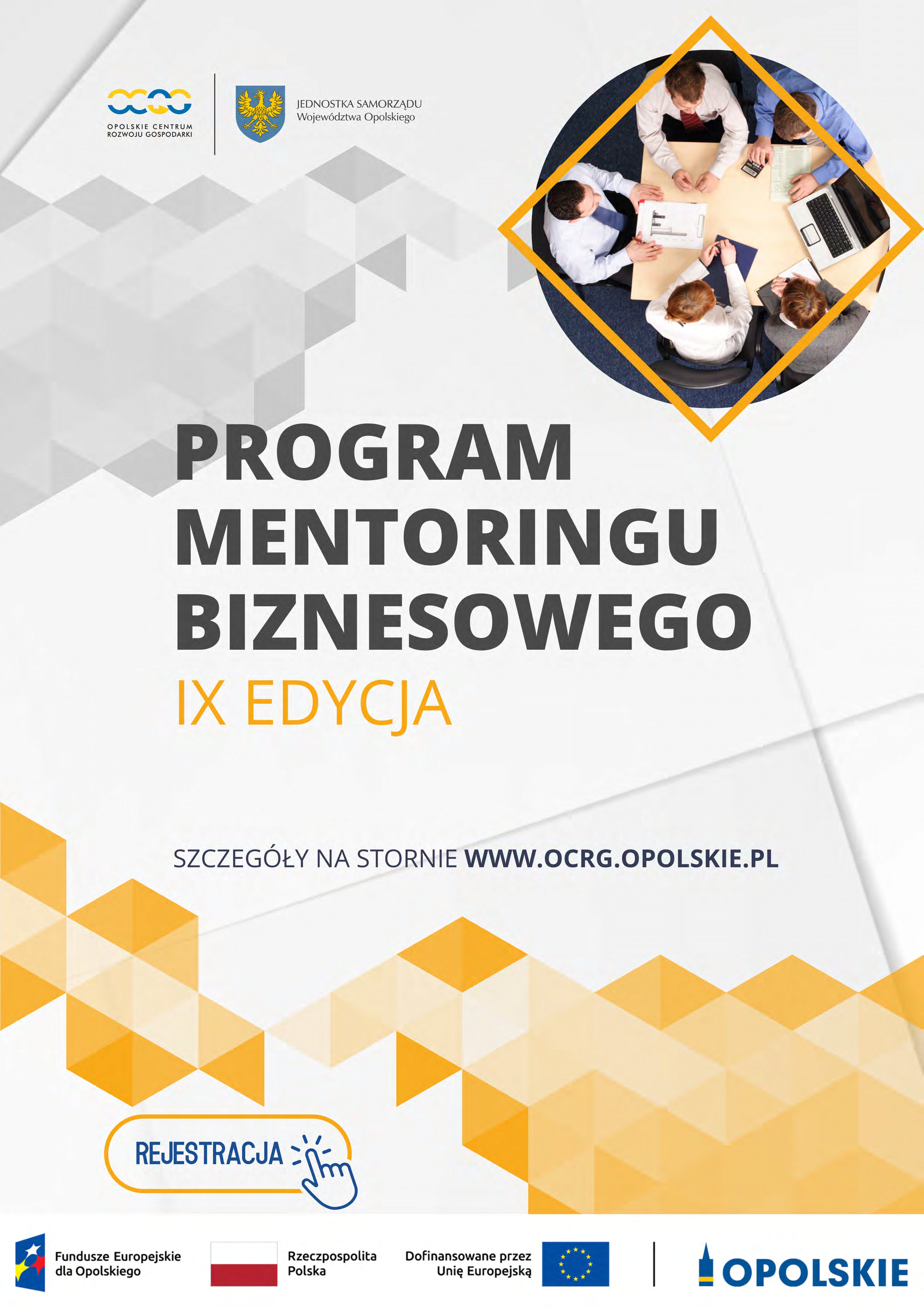 na plakacie w prawym górnym rogu okrągły stół z siedzącymi ludźmi pracującymi przy komputerze.